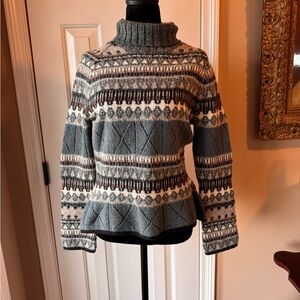 Esprit Women’s Patterned Turtleneck Sweater - Dusty Blue and Cream size Large